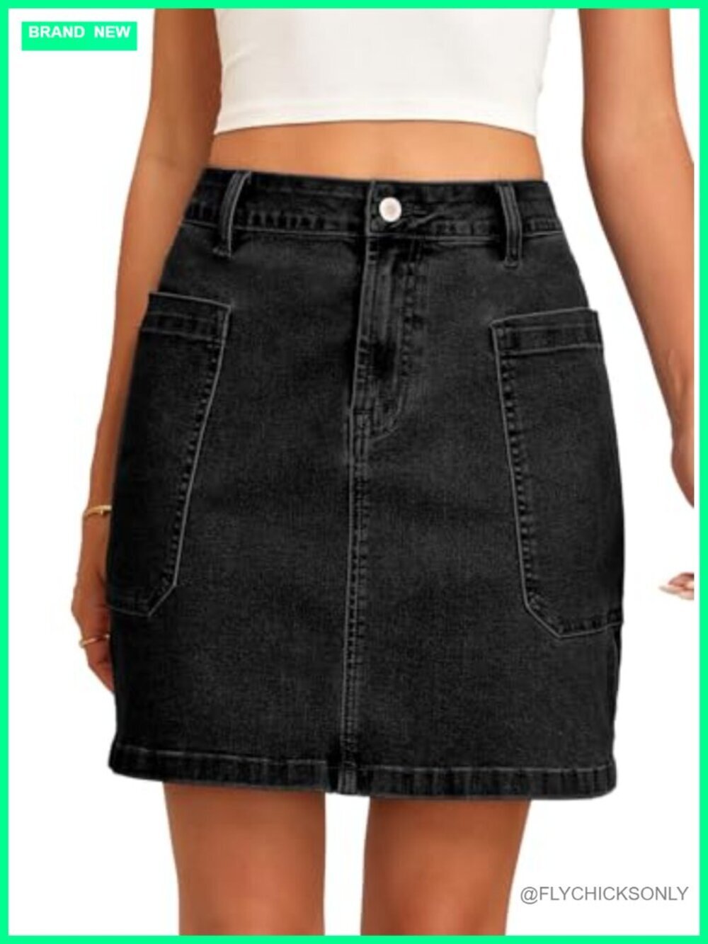 High Waisted Stretchy Denim Skirt with Patch Pockets